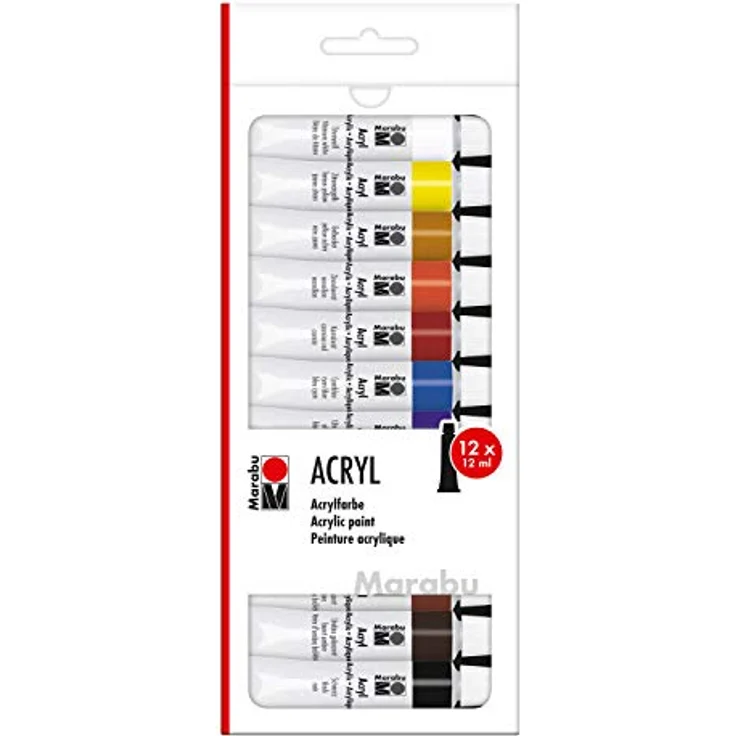 Marabu Acrylfarbenset 1210000000200, 12 Farben á 12 ml, deckende, matte Acrylfarben auf Wasserbasis, schnell trocknend, geeignet für Keilrahmen, Malkarton, Papier und Holz – Bild 1