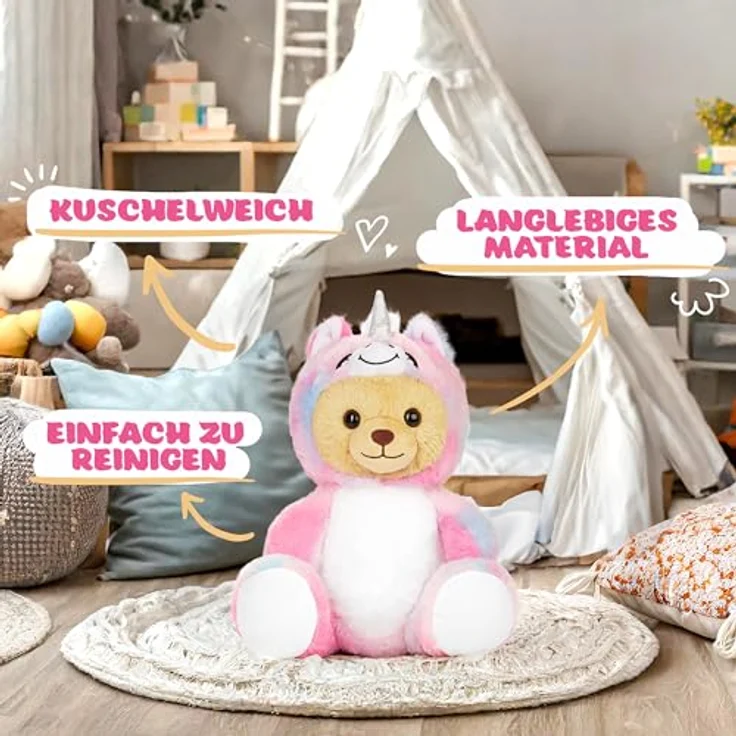 BRUBIES Teddy Einhorn - 25 cm Kuscheltier im Einhornkostüm mit abnehmbarer Kapuze - Weiches Plüschtier für kuschelige Abenteuer – Bild 5