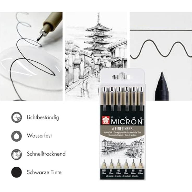 Sakura Pigma Micron Fineliner-Set, schwarz, 6 St. mit dokumentenechten, wasserfesten Tinten in 6 Spitzenbreiten von 0,2 bis 0,5 mm – Bild 3