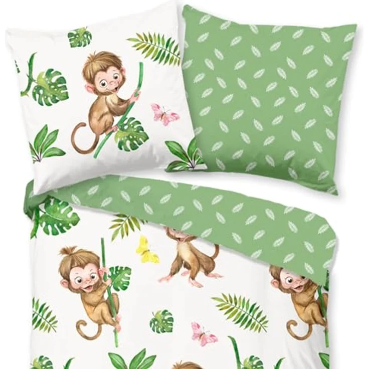 ESPiCO Bettwäsche Trendy Bedding Kletteraffe Grün Äffchen Schmetterlinge Farne Blätter Palmen Wendeoptik Renforcé, 135 cm x 200 cm – Bild 2