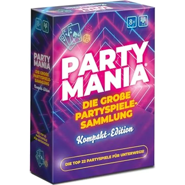 Gomazing Partymania Kompakt Edition, Spielesammlung mit 22 Partyspielen für 2-8 Spieler, beidseitig bedruckte Spielpläne