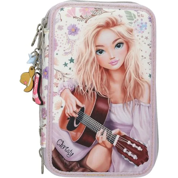 Depesche TOPModel Cowgirl 3-Fach Federtasche, gefüllt in Lila mit Blumen-Muster, inkl. Buntstifte, Schere und Lineal