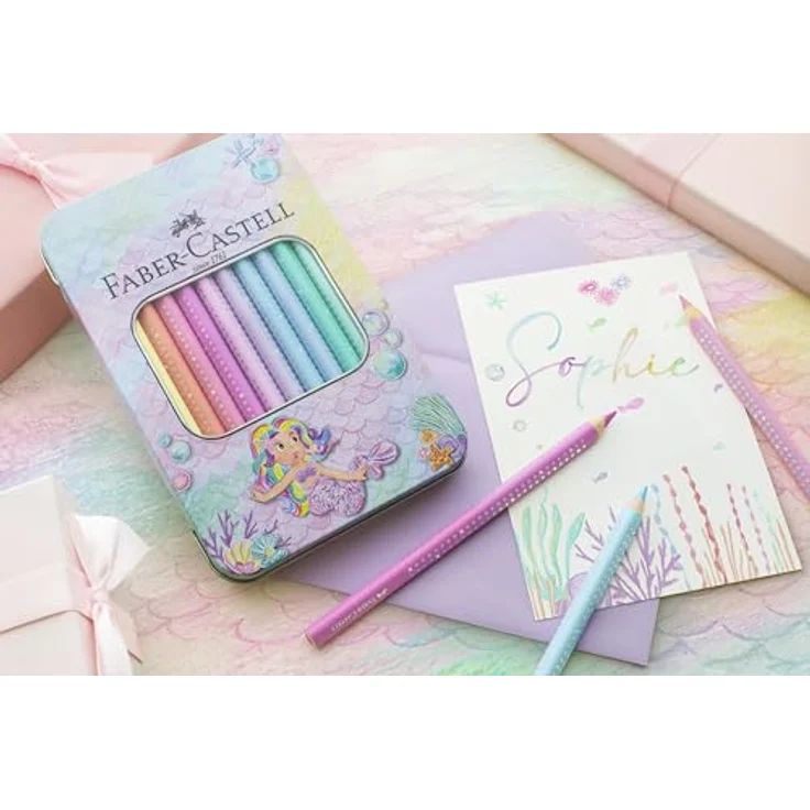 Faber-Castell Sparkle Pastell Buntstifte, 10er Set im Metalletui mit funkelndem Effekt und ergonomischer Dreikantform – Bild 5
