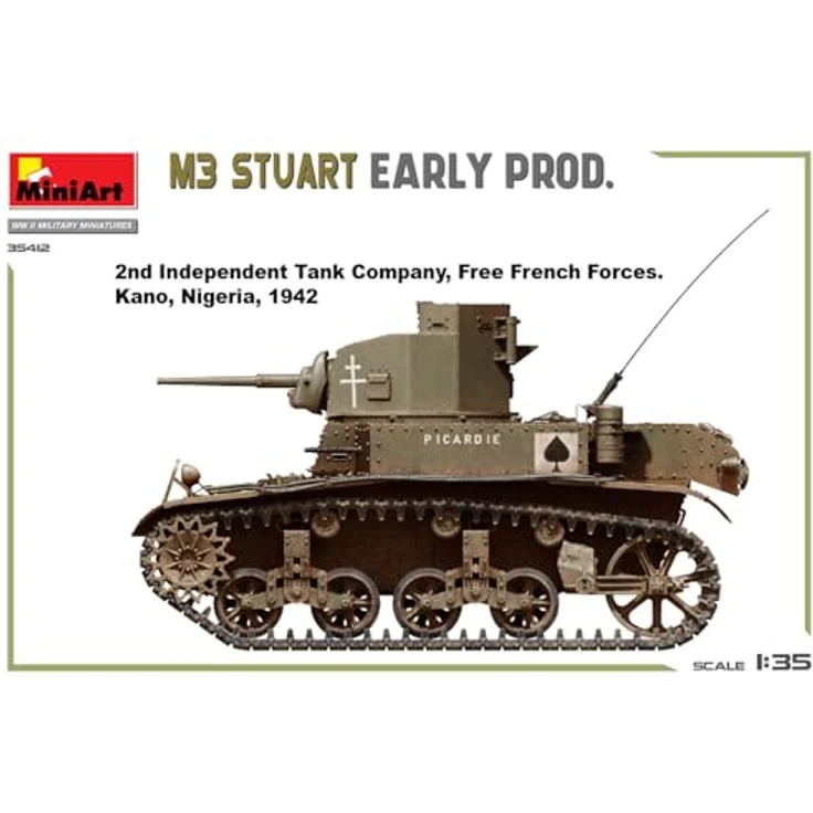 Other 1:35 M3 Stuart, Standmodell Panzer der frühen Produktionsreihe mit beweglichen Luken und 6 Varianten Decals – Bild 2