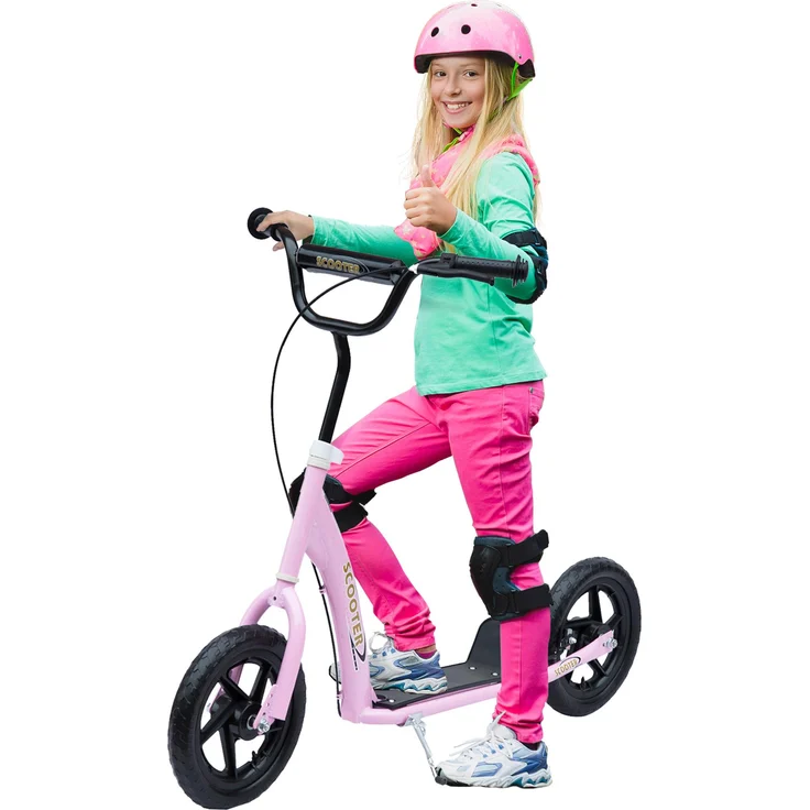 MH Handel Kinder Tretroller, Scooter mit Handbremse und Ständer, 12 Zoll Räder, rosa, ab 5 Jahren, 120 x 52 x 88 cm