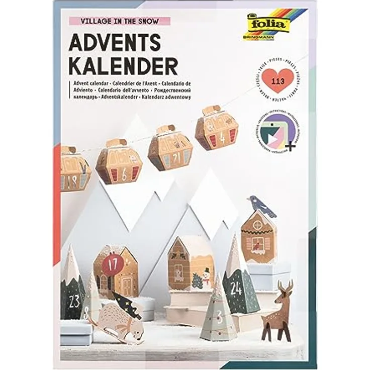 folia 9388 - Adventskalender Bastelset VILLAGE IN THE SNOW, 113-teiliges DIY Set, Stadt im Schnee