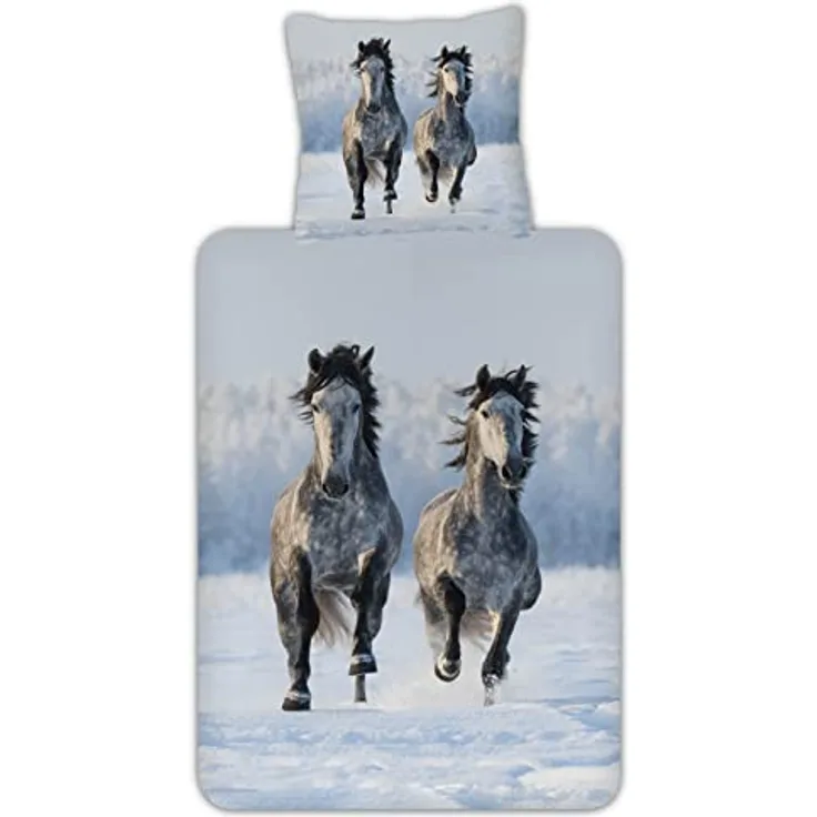 ESPiCO Bettwäsche Trendy Bedding Schneepferde Grau Hengst Stute Tiermotiv Wildpferde Wildtiere Flanell, Größe:135 cm x 200 cm