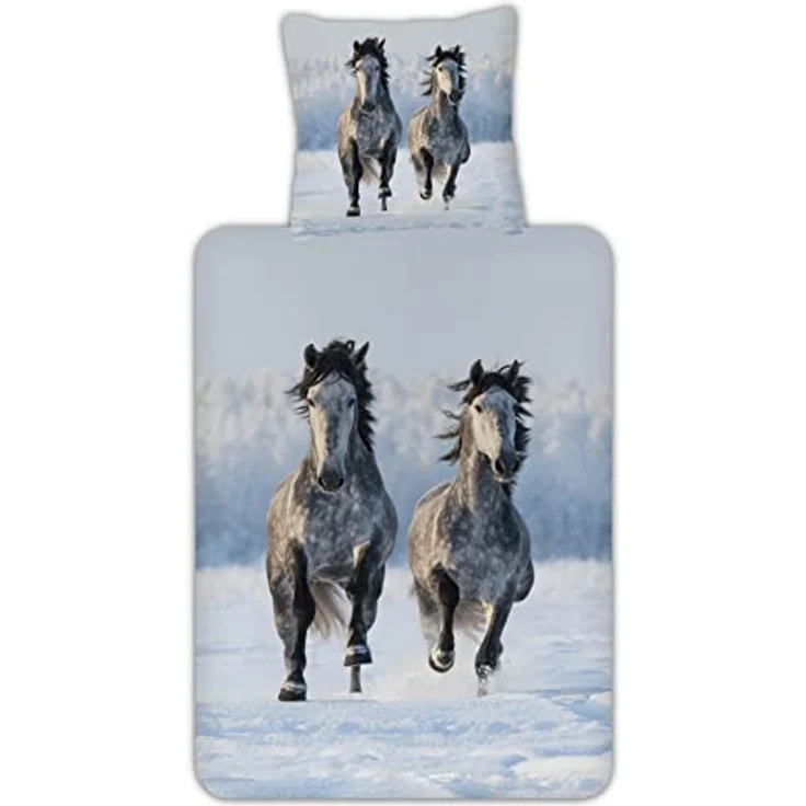ESPiCO Bettwäsche Trendy Bedding Schneepferde Grau Hengst Stute Tiermotiv Wildpferde Wildtiere Flanell, Größe:135 cm x 200 cm – Bild 1