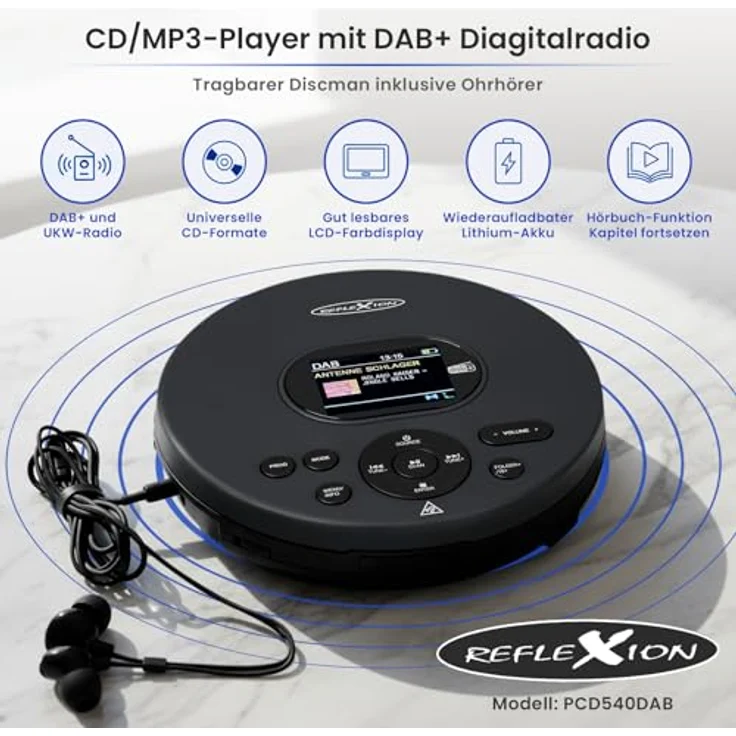 Reflexion PCD540DAB, Tragbarer CD-Player mit DAB+ Radio, CD, CD-R, CD-RW, MP3, USB-C, schwarz – Bild 2