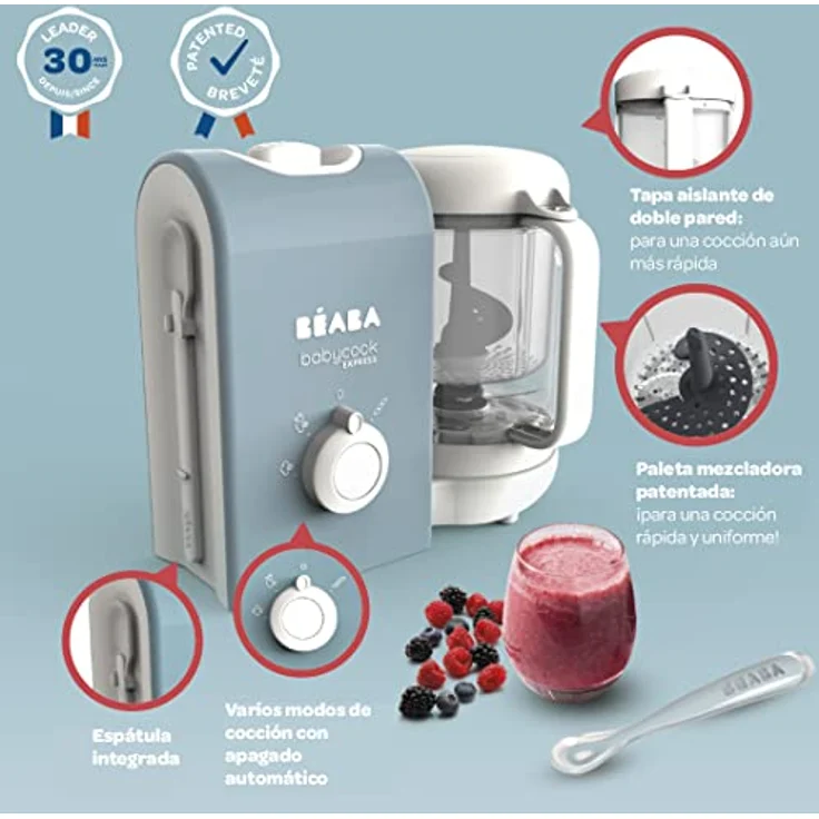 BEABA, Babycook Express, 4 in 1 Babynahrungszubereiter, schnelles Kochen: weniger als 15 Min., Mixen, schonendes und gesundes Dampfgaren, Auftauen, Aufwärmen, Kapazität 1250 ml, Baltikblau – Bild 5