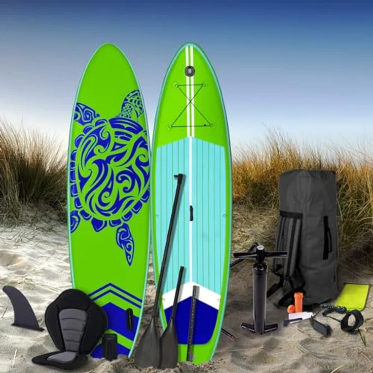 BRAST SUP Board SUPER Set Aufblasbares Stand up Paddle mit extra Zubehör 320x81x15cm Grün incl. Kajaksitz Kamerahalterung Paddel Fußschleife Rucksack Pumpe - Preisvergleich – Bild 2