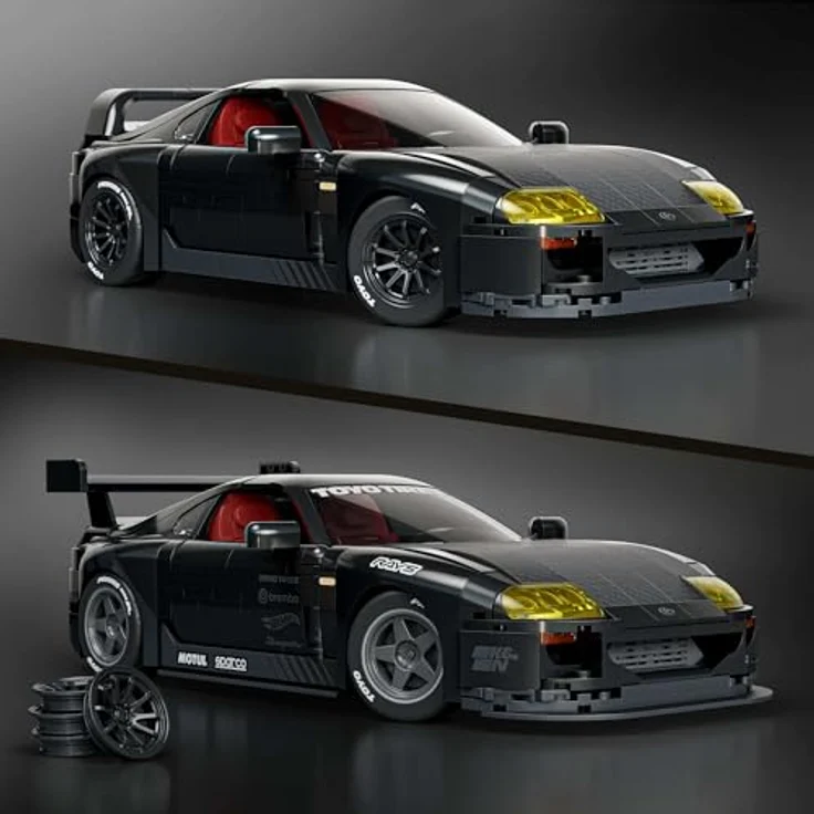 Mattel Brick Shop Hot Wheels '94 Toyota Supra MKIV Bauset, Maßstab 1:16, exklusive schwarze Lackierung, mit individuell gestaltbaren Teilen und Metallauto im Maßstab 1:64 – Bild 3