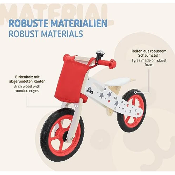 Joyz Laufrad aus Holz, Rot, Lauflernrad für Kinder ab 2 Jahren, Holzlaufrad mit Verstellbarer Sitz, pannensicheren 11 Zoll-Eva-Räder, Kinderfahrrad Kinderlaufrad mit Stoffbeutel, Klingel & Tragegriff – Bild 5