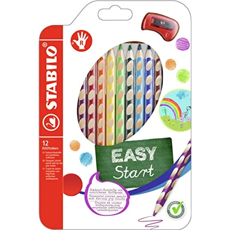 Ergonomischer Buntstift für Rechtshänder - STABILO EASYcolors - 12er Pack mit Spitzer - mit 12 verschiedenen Farben
