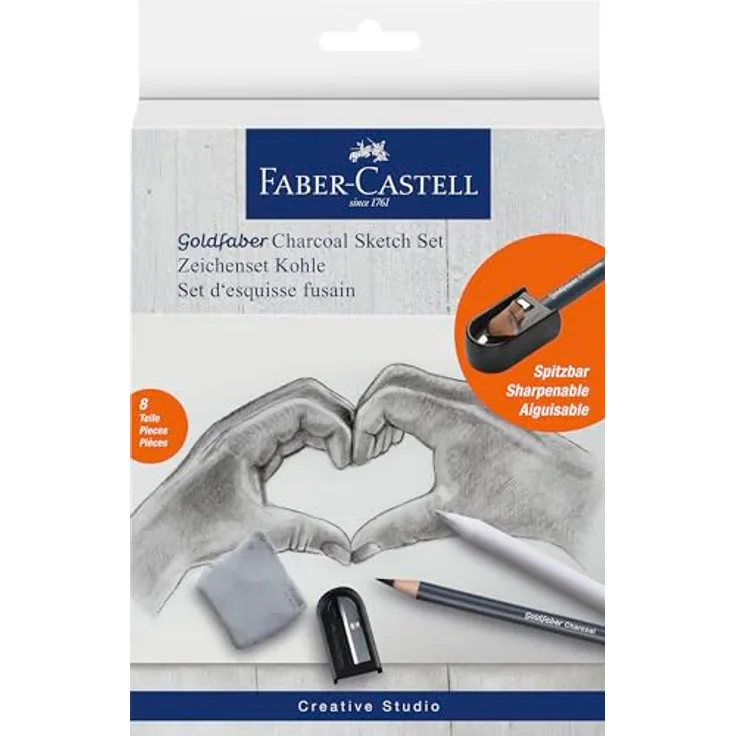 Faber-Castell 114006 - Zeichenset Goldfaber Charcoal, 8-teilig, inkl. Kohlestifte, Spitzer, Papierwischer und Radierer