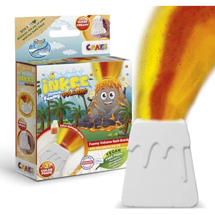 INKEE Foamy Volcano | Badebombe Kinder in Vulkan-Form, Badekugel Kinder Gelb, Rot & Orange mit Cola-Duft & Macadamia-Öl, Super Cremig