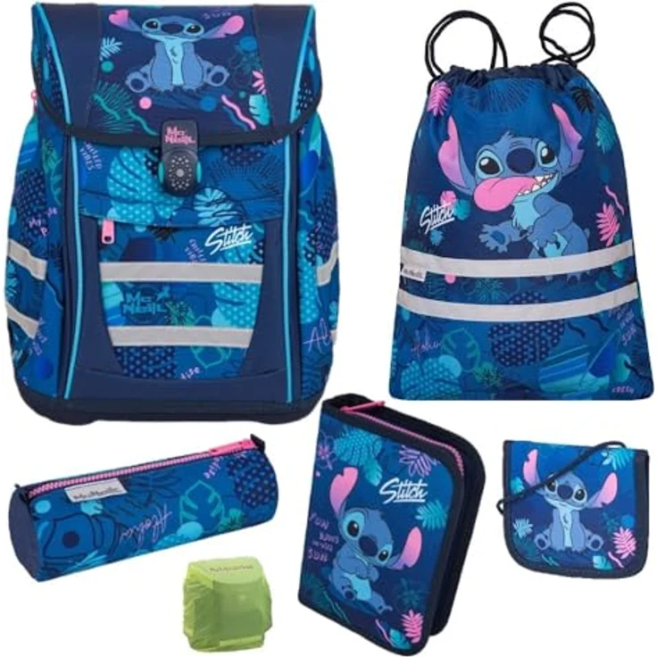 Familando McNeill Mädchen Schulranzen 1. Klasse Disney Lilo & Stitch ergonomischer Tornister 6-teilig (blau violett rosa gemustert) – Bild 1