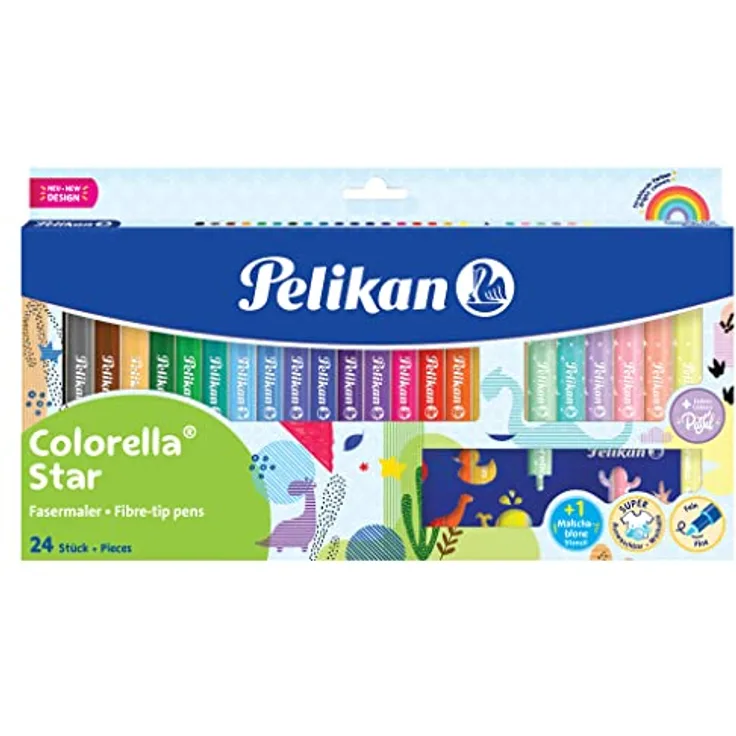 Pelikan Fasermaler Colorella® Star C302, 24 Farben: 18 kräftige + 6 zarte Pastell-Töne, mit Ausmalschablone, 822336