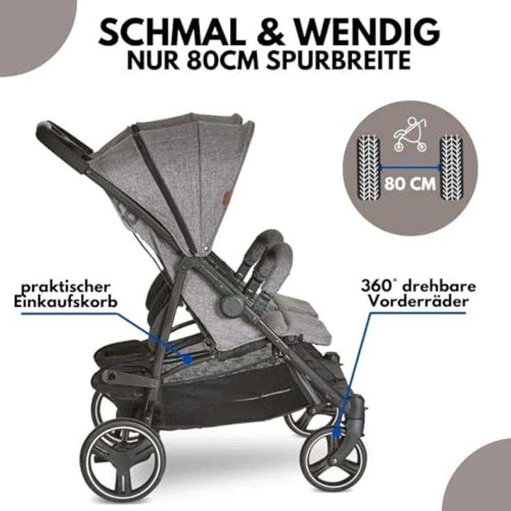 ABC Design Zwillingsbuggy Twin - Circle Line mit Liegefunktion (inkl. Regenverdeck) - Woven Graphite, kompakt faltbar, pannenfeste Luftkammerräder, Circle Line Design - Preisvergleich – Bild 2