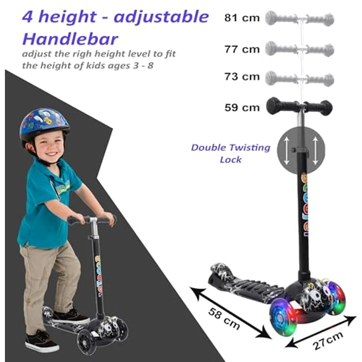 Habib Gruppe Kinderroller 3-Räder, Kinderscooter mit LED-Rädern, Höhenverstellung, rutschfest, für 3-8 Jahre, max. 50 KG – Bild 3