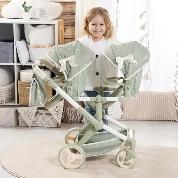 Bayer Design Zwillingspuppenwagen Twin XEO, Tandem mit höhenverstellbarem Griff, Tasche und Sonnendach, für Puppen bis 46 cm – Bild 5