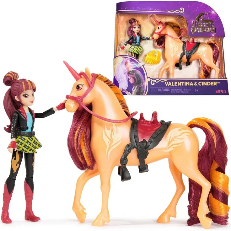 Spin Master Anziehpuppe 6066850 Unicorn Academy - Valentina und Einhorn Cinder, Feuerthema, 12 cm groß, 7 Gelenke, ab 4 Jahren