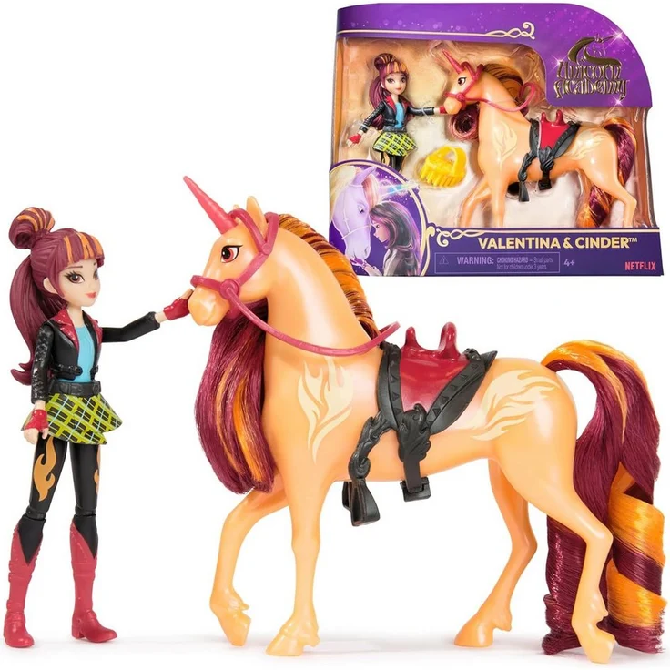 Spin Master Anziehpuppe 6066850 Unicorn Academy - Valentina und Einhorn Cinder, Feuerthema, 12 cm groß, 7 Gelenke, ab 4 Jahren – Bild 1