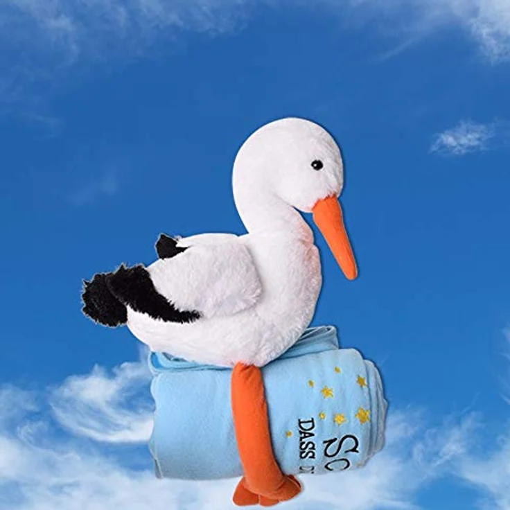 TE-Trend Kuscheltier Storch 38cm blau mit weicher Decke 100x80cm, Bestickt mit: „Schön das du da bist“ – Bild 5