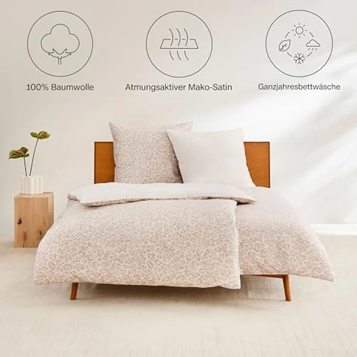 s.Oliver Mako Satin Bettwäsche Leo 135x200 cm, 100% Baumwolle, beige mit Leopardenmuster, weich, anschmiegsam, mit Reißverschluss, waschbar – Bild 2