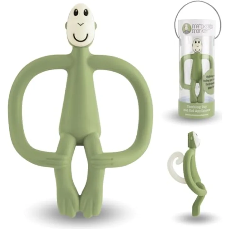 Matchstick Monkey - Beißring Affe Original - Baby Zahnungshilfe, weiche Noppen, 100% Silikon, BPA-frei, ab 3 Monaten (olivgrün)