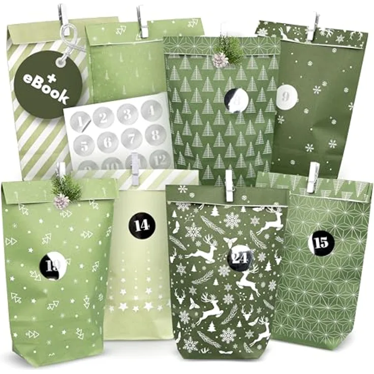 Amari Adventskalender zum Befüllen - 24 Papier Adventstüten (mit Holzklammern) zum Basteln für Weihnachten - Midnight Green