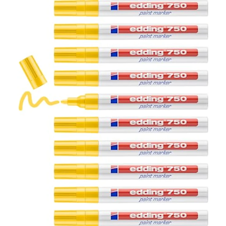 edding 750 Lackmarker - gelb - 10 Stifte - Rundspitze 2-4 mm - Lackstift zur Markierung und Beschriftung von Metall, Glas, Stein oder Kunststoff - hitzebeständig, permanent, wisch- und wasserfest – Bild 1