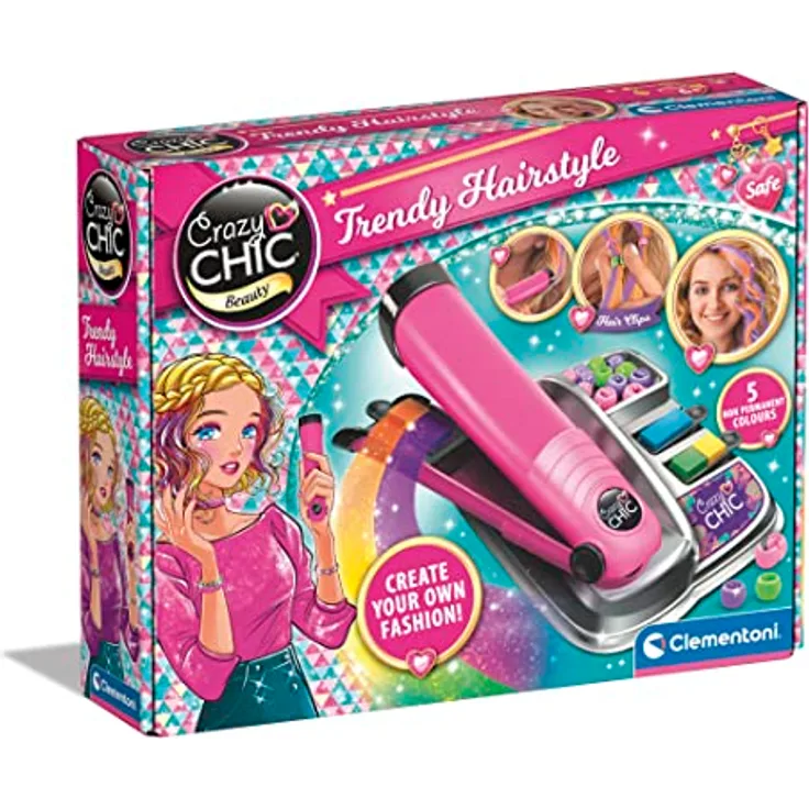 Clementoni Crazy Chic Farb-Hairstyler - Auswaschbare Haarkreide für Kinder ab 6 Jahren - Inkl. Haar-Perlen & Farbpatronen für bunte Strähnchen 18750