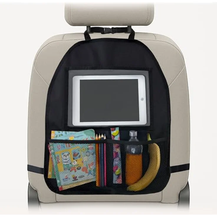Zamboo Auto Organizer Kinder Rücksitz mit Tabletfach (bis 11") | Universal Rückenlehnenschutz & Aufbewahrung für Spielzeug & Snacks | Schwarz – Bild 1
