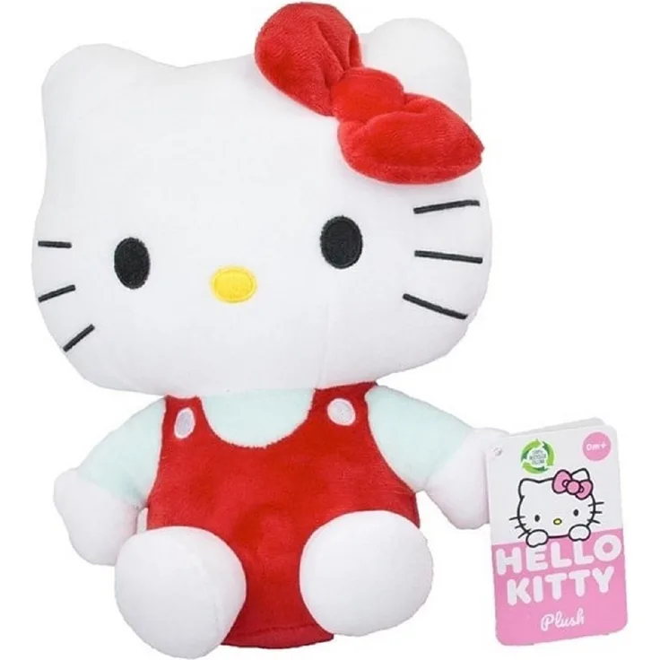 SANRIO Hello Kitty Kuscheltier 23 cm Plüschtier mit roter Schleife, hochwertiger Plüsch aus recyceltem Polyester, geruchsneutral und ungiftig