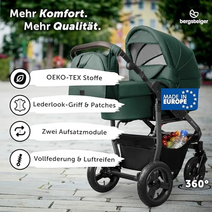 Bergsteiger Capri Kombikinderwagen 3-in-1, Babywanne, Sportsitz & i-Size Babyschale, Luftreifen, Federung, höhenverstellbarer Griff, faltbar, Zubehör – Bild 2