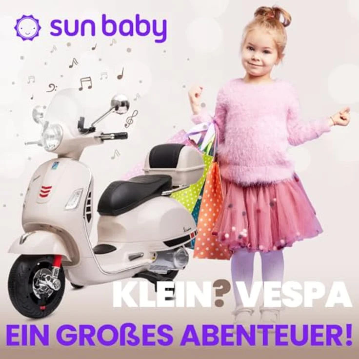 Sun Baby Vespa Elektro Kindermotorrad ab 3 Jahren mit Kunststoffräder und -sitze, Kofferraum, MP3-Player, USD MicroSD AUX-Anschluss. Elektroroller, Kinderroller (Weiß) – Bild 2
