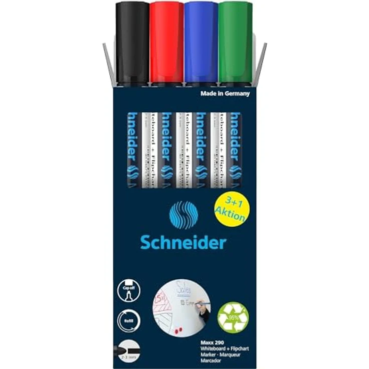 Schneider Maxx 290 Whiteboard- und Flipchart-Marker, farbsortiert, 2,0 - 3,0 mm, 4 St., schwarz, blau, rot, grün – Bild 3