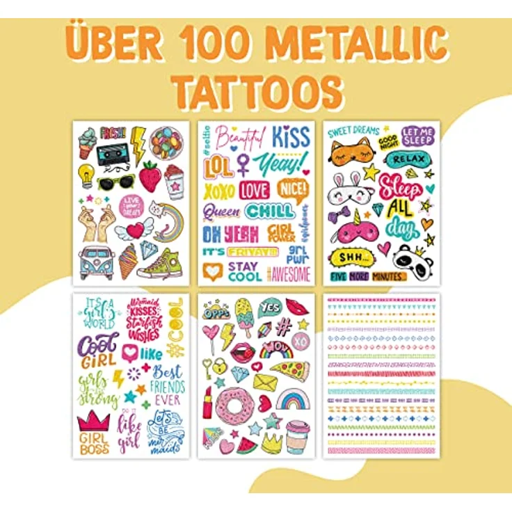 Papierdrachen 100 Metallic-Tattoos für Kinder, hautfreundlich und wasserfest, 6 Bögen in Silber, Made in Germany – Bild 2