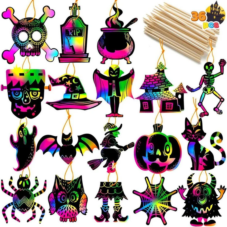 LuxusKollektion Kreativset Kratzbilder Halloween, 36er Set mit 18 Designs für Kinder, mehrfarbig