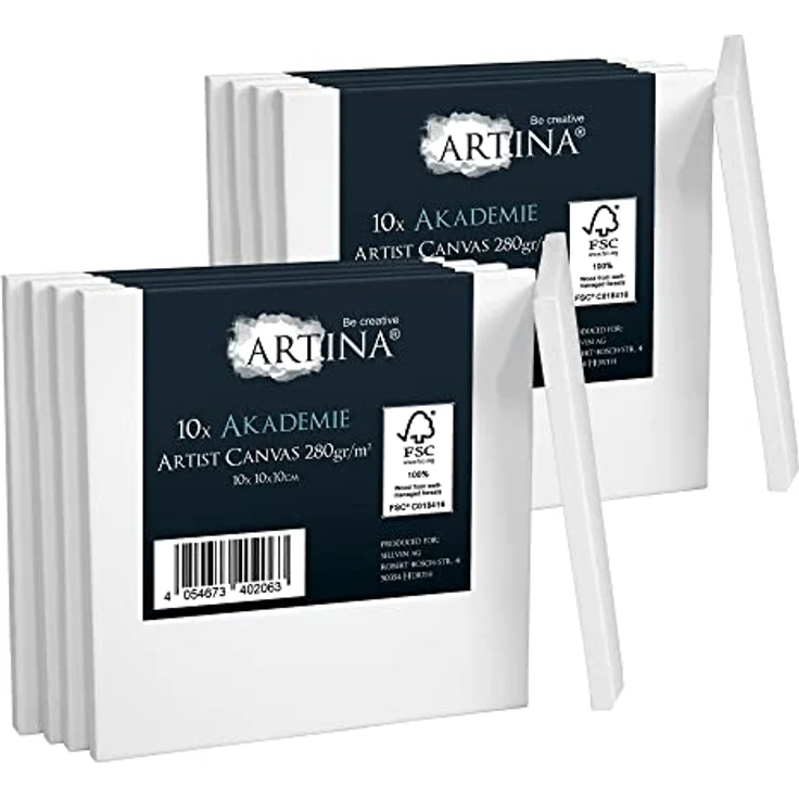 Artina FSC® Keilrahmen 10er Set Akademie 10x10 cm – Leinwand Set Maltuch aus 100% Baumwolle Leinwände 280 g/m² - Keilrahmenset Leinwand zum Bemalen für Acryl-, Aquarell-, Ölfarbe uvm – Bild 1