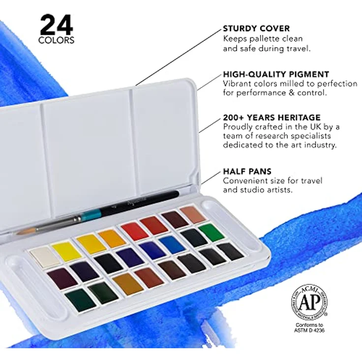 Daler-Rowney Aquafine Aquarell Travel Set, 24 Halbnäpfchen, transparente Farben im kompakten Kunststoffkoffer, lichtecht – Bild 4