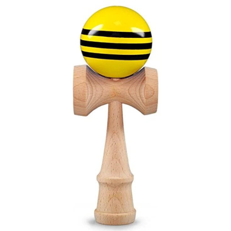 Ganzoo Kendama, Traditionelles japanisches Geschicklichkeitsspiel aus Buchenholz, mit gelber Kugel (6 cm Durchmesser) – Bild 1