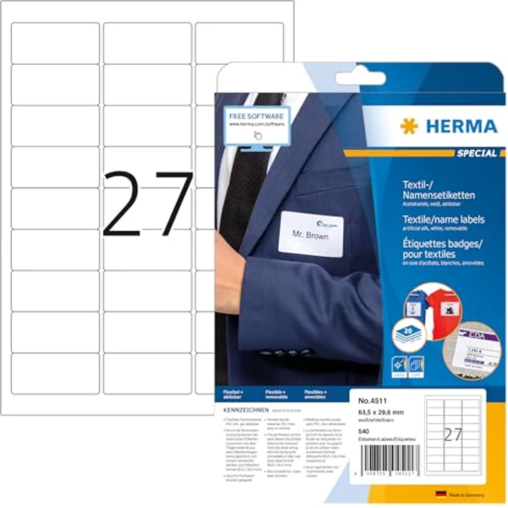 HERMA 4511 Namensetiketten, ablösbar, 540 Stück, selbstklebend, bedruckbar, rückstandsfrei abziehbare Acetatseide, weiß, 63,5 x 29,6 mm, für Laser- und Kopierer-Druck – Bild 1