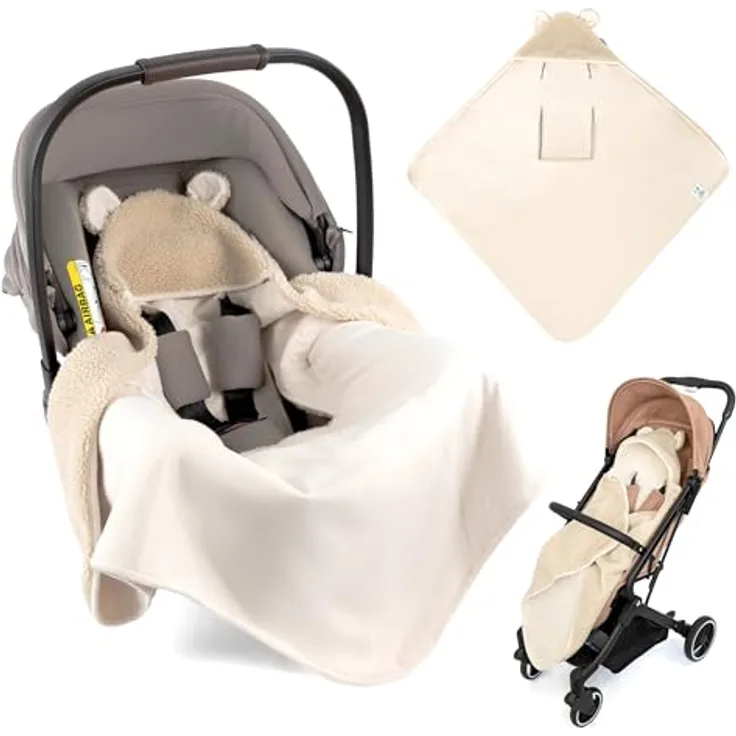 Zamboo Fußsack Teddy - Beige, Kuschelige Baby Einschlagdecke mit Öhrchen & Gurtschlitzen für Babyschalen