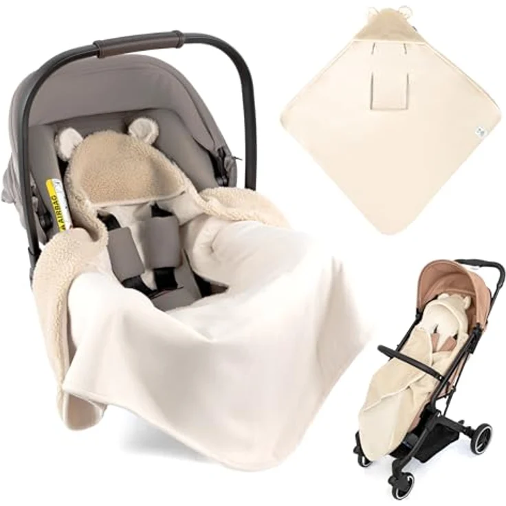 Zamboo Fußsack Teddy - Beige, Kuschelige Baby Einschlagdecke mit Öhrchen & Gurtschlitzen für Babyschalen – Bild 1