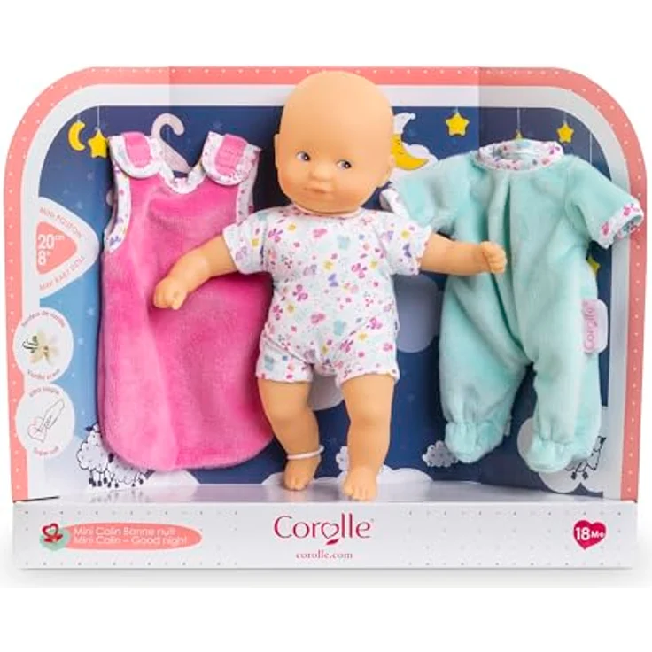 Corolle Mon Premier Poupon Mini Calin Gute Nacht Set, Weichkörperpuppe 20cm mit weißen Strampler, extra türkisem Pyjama, pinkem Schlafsack und Vanilleduft, ab 18 Monaten – Bild 1