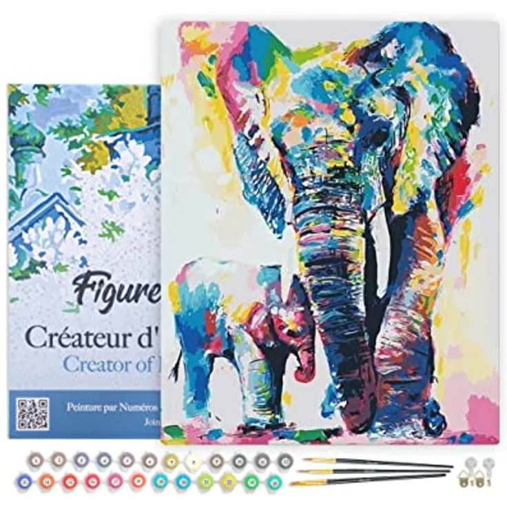 Figured'Art Malen Nach Zahlen Erwachsene Mit Rahmen Elefanten Aquarell - Paint by Numbers Basteln DIY Bastelset 40x50cm Leinwand gespannt auf Holzrahmen