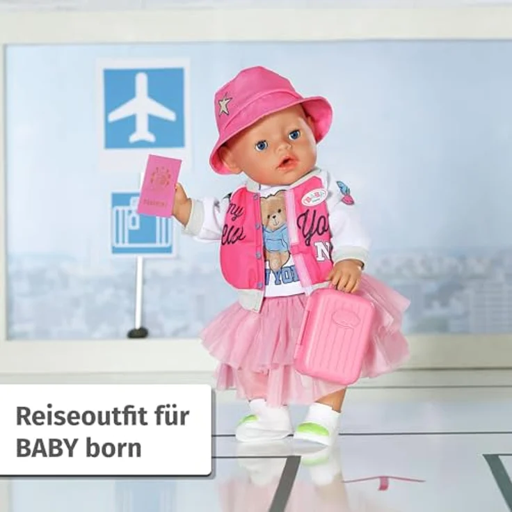BABY Born Deluxe Reiseoutfit mit Puppenkleid, Hut, Schuhen, Reisepass und Koffer für 43cm Puppen, Zapf Creation - LANDEBAHN WIRD ZUM LAUFSTEG – Bild 2