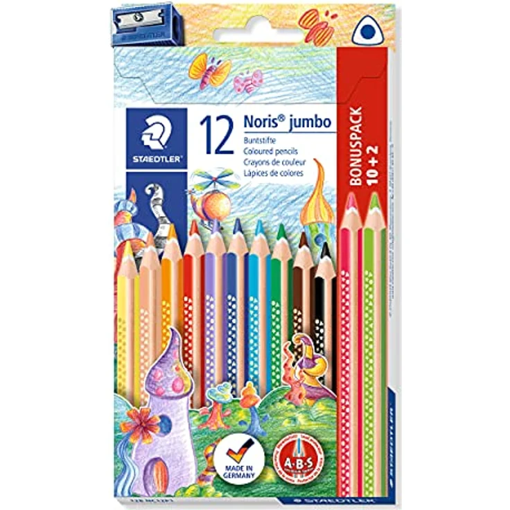 STAEDTLER Buntstift Noris jumbo, erhöhte Bruchfestigkeit, Dreikantform, ABS-System, attraktive Sternchenprägung, Bonuspack mit 12 brillanten Farben und einem Spitzer, 128 NC12P1 – Bild 1
